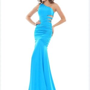 One-Shoulder Cutout Ruched Mermaid Dress in Bright Blue Colors size 10